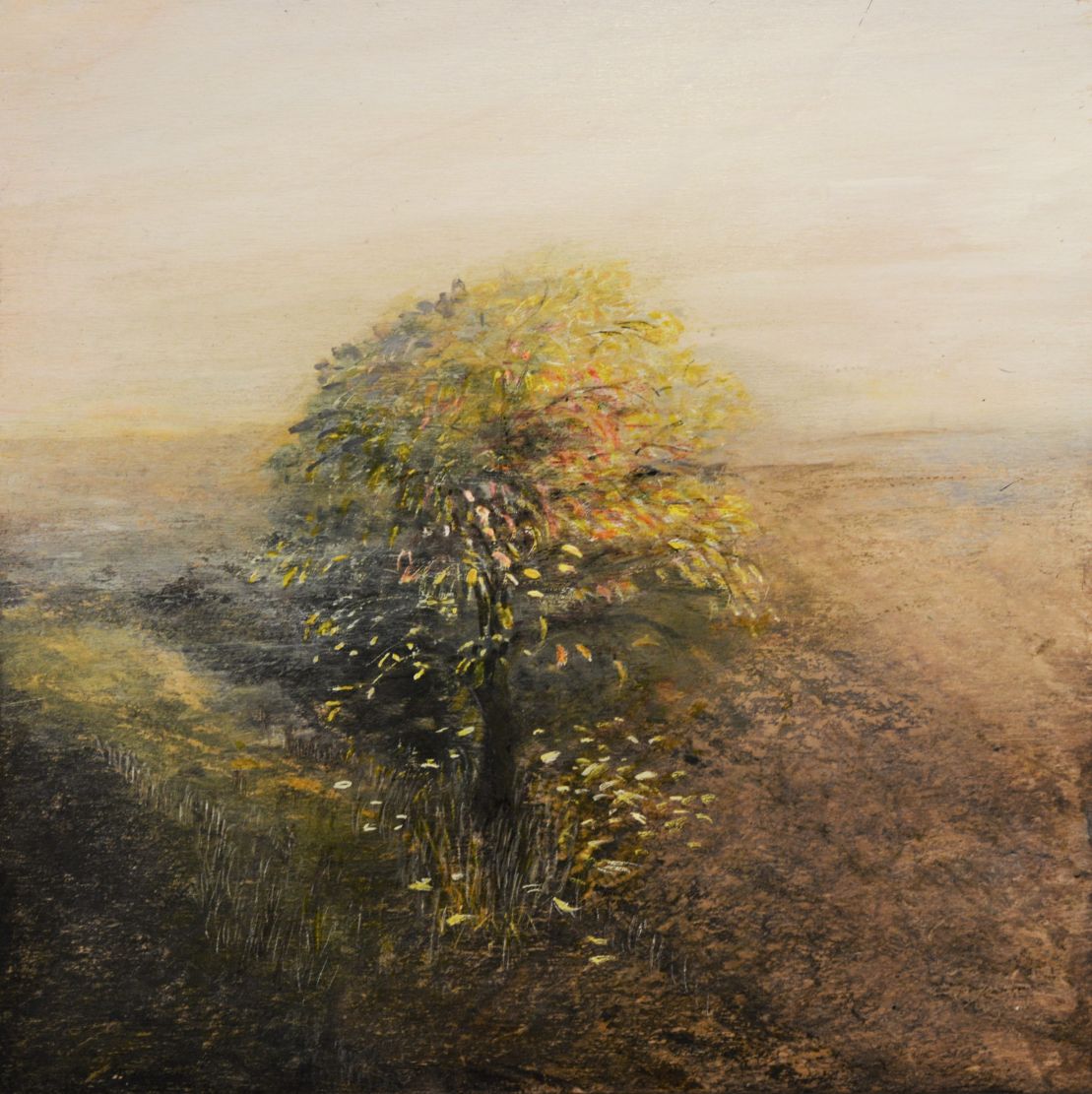 "Erdkasten Herbstbaum" von Sibylle Duhm-Arnaudov, 2023, 30 cm x 30 cm, Farbige Tusche auf Holz